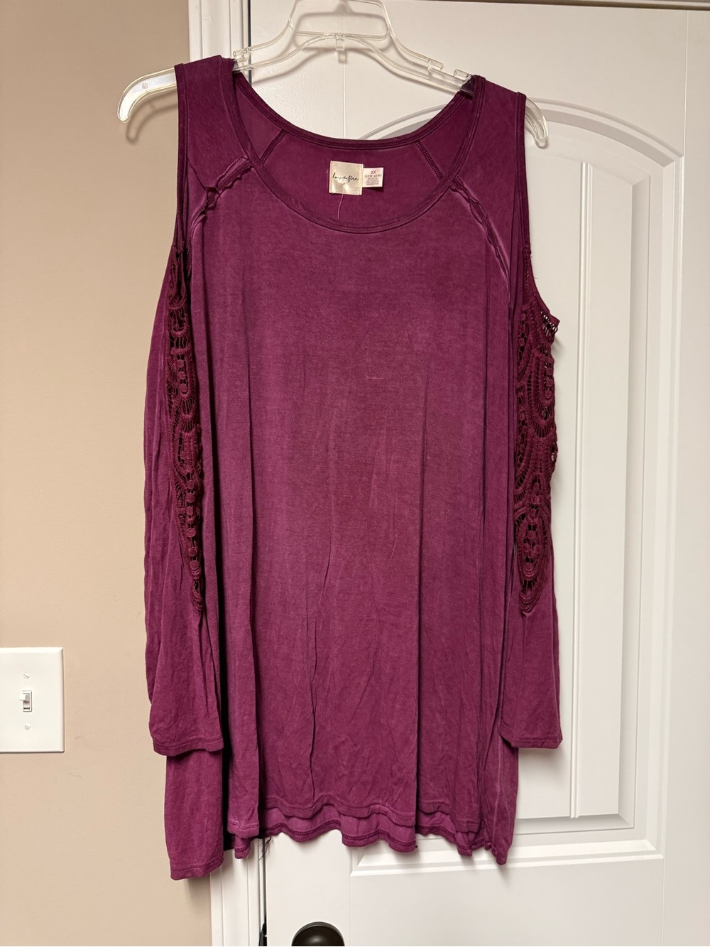 love, Fire Plum Cold-Shoulder Crochet Sleeve Tunic